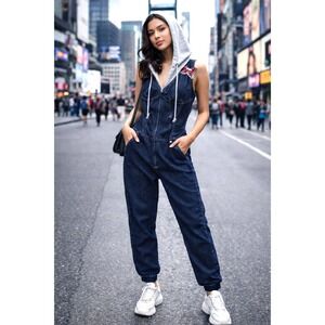 Fornarina Denim Jumpsuit Hooded Open Back Skull Zip Utility Streetwear Rare 28 S